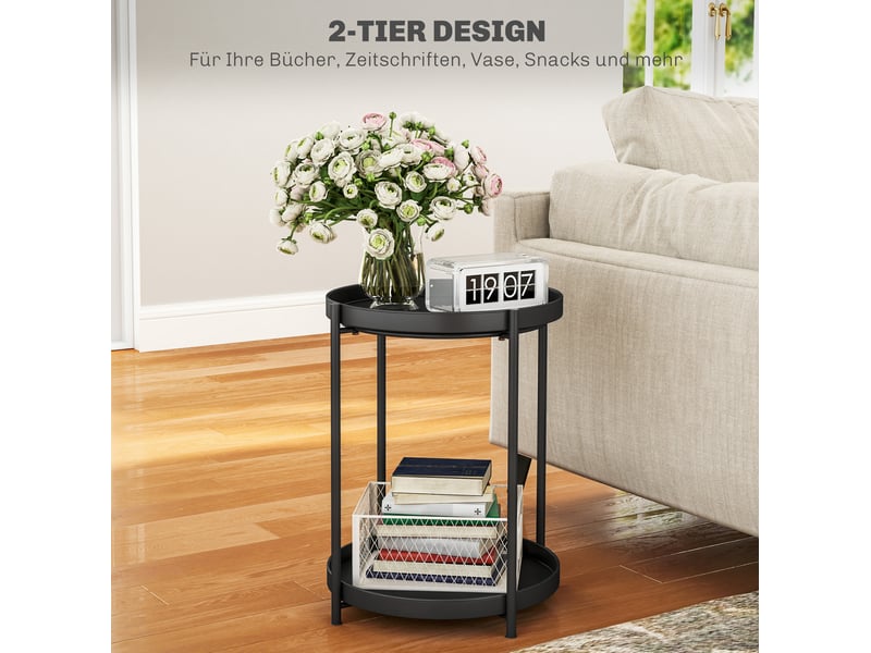  Table basse fixe ronde avec 2 niveaux de rangement et pieds réglables, en acier, noir, 44 × 44 × 56 cm  - Conforama C