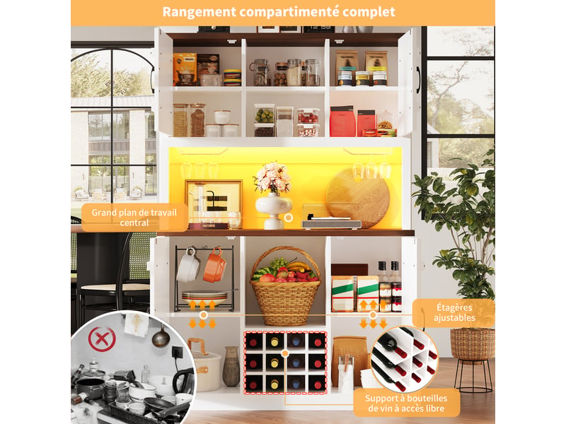  Vaisselier blanc buffet de cuisine industriel avec led rgb, armoire porte de grange avec casier à vin et étagères réglables, 120x180cm  - Conforama E