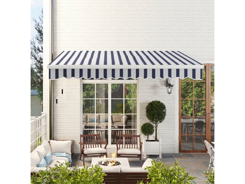  Store banne rétractable manuel 395 x 245 cm, bras articulé à angle réglable, protection uv et étanchéité, fixation murale, bleu et blanc  - Conforama C