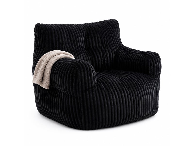  Fauteuil sac 010 fixe noir en velours côtelé, rembourré de flocons de mousse à mémoire de forme, 100 × 94 × 70 cm  - Conforama A