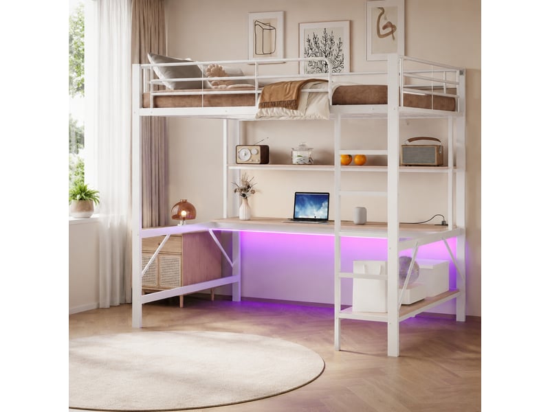  Lit mezzanine enfant 140 x 200 cm blanc en métal et mdf avec bureau, étagères, led, usb et prise  - Conforama B