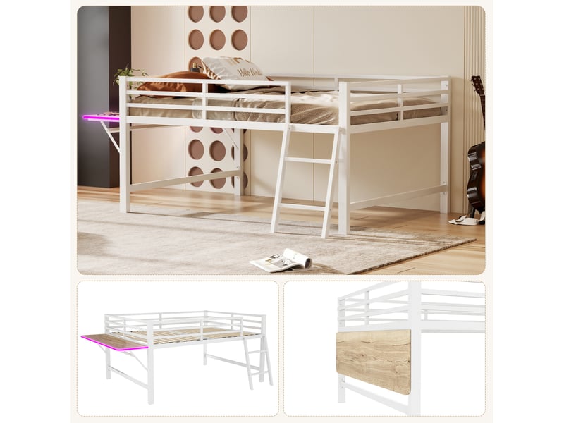  Lit plat, 140 x 200 cm, lit en métal, sans matelas, barrière de sécurité, échelle, bureau, bande lumineuse led, blanc  - Conforama E