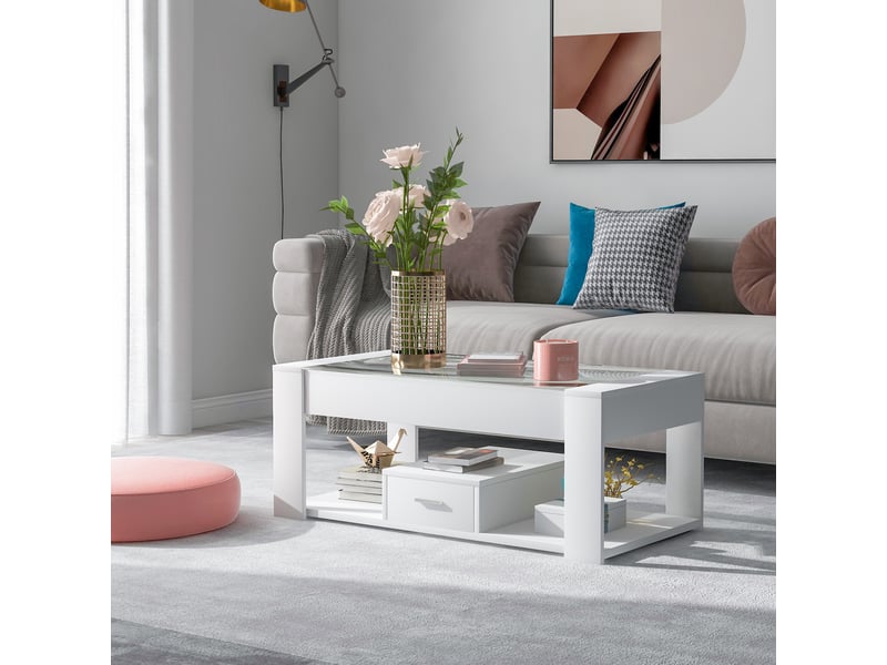  Table basse avec plateau en verre, 2 tiroirs et espace ouvert pour salon 100×50×40 cm blanche  - Conforama C