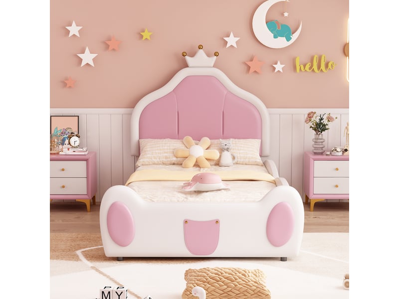  Lit enfant rembourré 90 x 200 cm avec tête de lit couronne, design bicolore, similicuir blanc Fay Lum - Conforama D