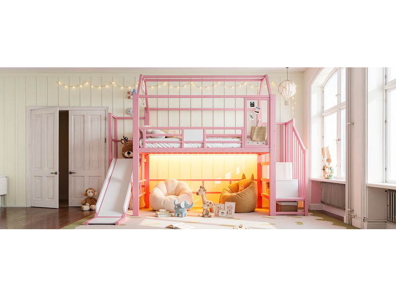  Lit mezzanine enfant 1 place 90×200 cm avec toboggan et led - okmyhome- rose, sans matelas, métal et mdf  - Conforama E