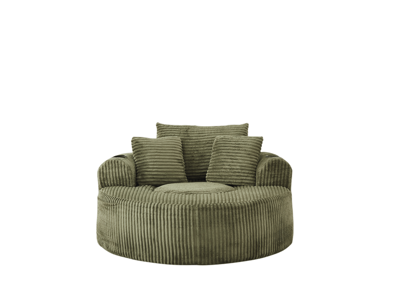  Fauteuil lounge rond 1 place – vert – velours côtelé, 3 coussins amovibles, porte-gobelets et poches latérales  - Conforama D