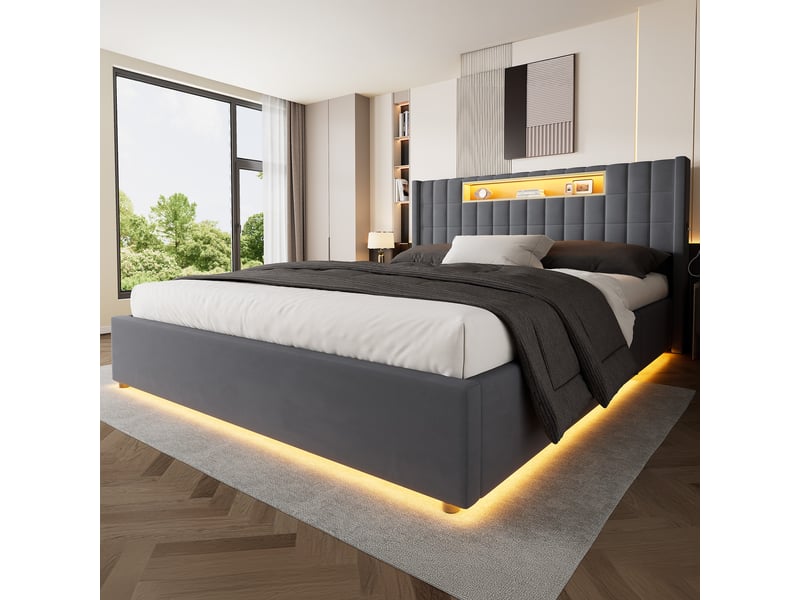  Lit double led avec fonction de charge et coffre de rangement en velours gris foncé 180 × 200 cm  - Conforama D