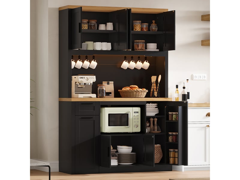  Buffet haut de cuisine 120x40x182 cm avec led rgb, 2 prises, 2 usb, 3 tiroirs, étagères réglables, crochets, rangement de porte, noir et bois naturel  - Conforama C