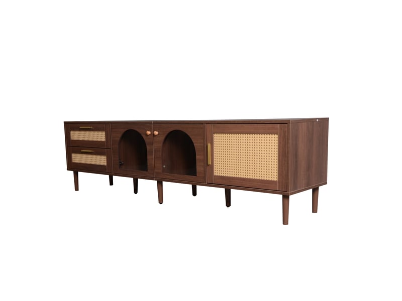  Meuble tv pour écran 80 pouces avec éclairage led et portes en verre, 180x40x50 cm, panneaux de particules, marron  - Conforama R
