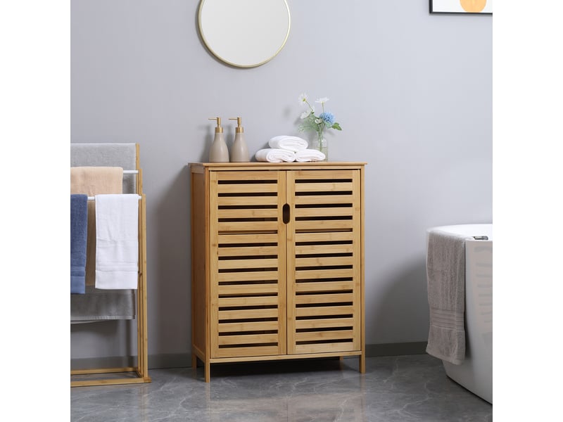  Meuble de salle de bain en bambou à lattes, idéal pour la salle de bain ou le couloir. Format compact, grand espace de rangement, bois naturel.  - Conforama C