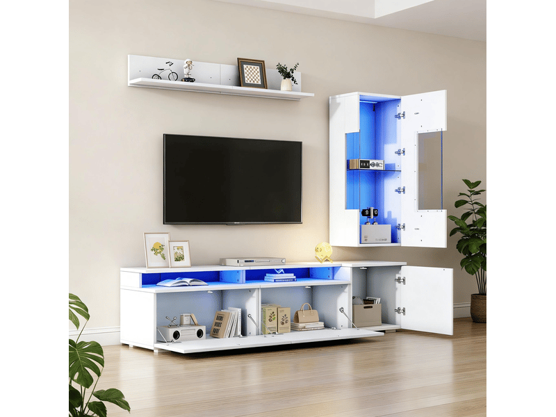  Meuble tv tcqpz ensemble mural 3 pièces blanc brillant led pour tv jusqu'à 80 pouces mdf verre acrylique  - Conforama E
