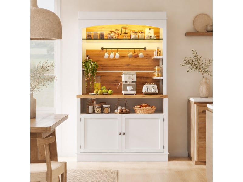 Lot de 2 buffets hauts avec led rgb et crochets - lpospi - étagère en verre, mdf blanc, 107 × 34 × 184 cm  - Conforama C