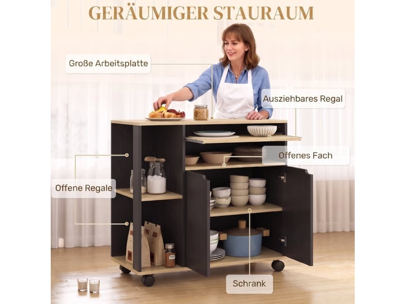  Desserte de cuisine roulante 80x40x82 cm avec placard et rangement réglable, noir  - Conforama D