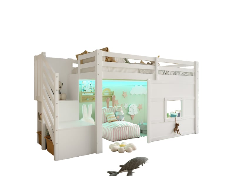  Lit mezzanine 90x200, lit adoenfant avec escalier et rangement, led intégrée, garde-corps sécurisé, bois mdf et pin - sans matelas - blanc  - Conforama A