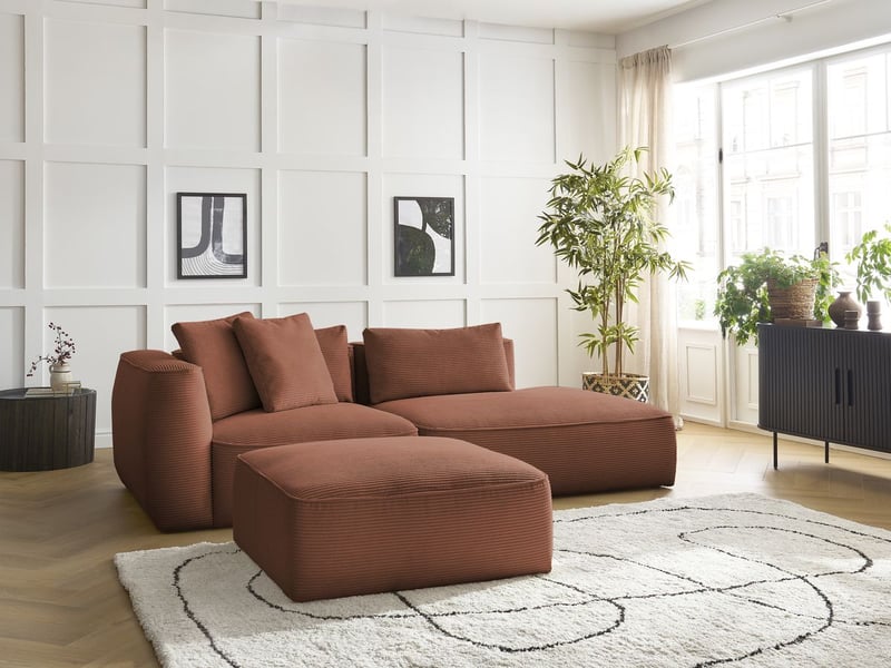 Bobochic canapé droit fixe 3 places leopold velours côtelé avec pouf orange accoudoir gauche LEOPOLD - Conforama D