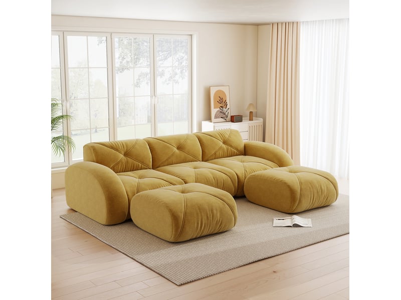  Canapé modulable 3 places ulevr en u avec 2 poufs, tissu chenille jaune, sans cadre, 281 x 171 x 76 cm  - Conforama D