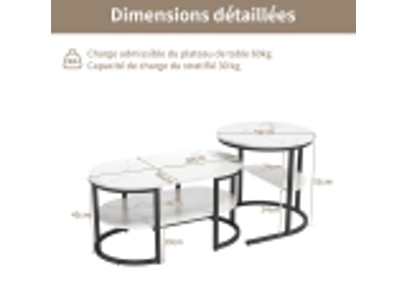  Lot de 2 tables basses 80x46x41 cm, table gigogne design marbre, avec espace de rangement, table d'appoint moderne en faux marbre pour salon, chambre à coucher, (noir, oval)  - Conforama C