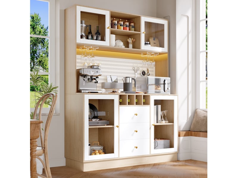 Colonne de cuisine avec led, casier à bouteilles, range-verres, tiroir et étagères réglables, 140 × 40 × 185,7 cm  - Conforama D