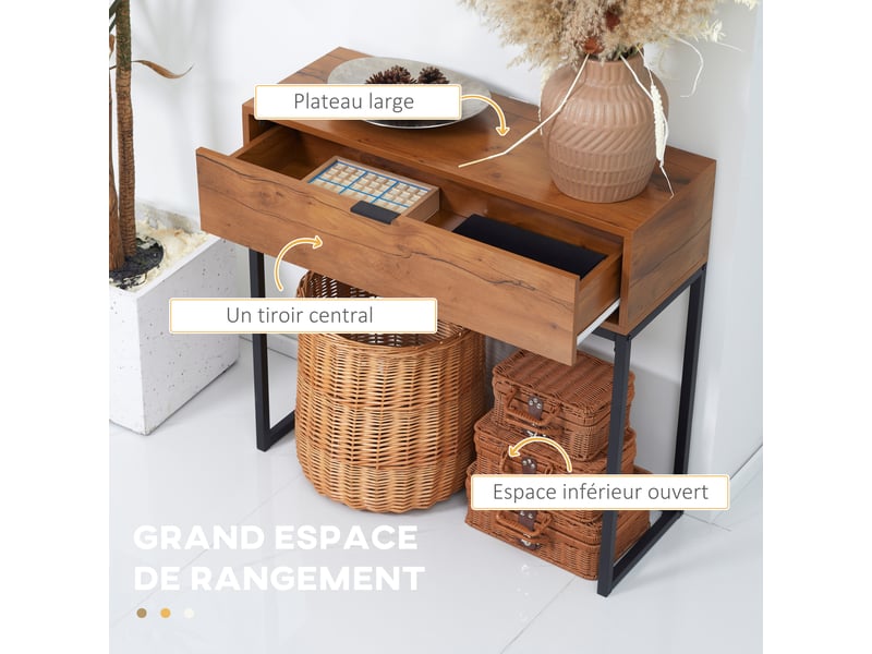  Console meuble, table console avec tiroir et pieds en acier, pour salon, entrée, couloir, marron, 80 x 30 x 76 cm  - Conforama E