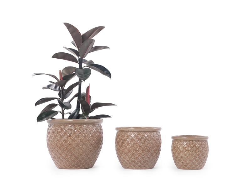  Pot de fleurs en céramique ø 23 x h 20,5 cm – beige brillant – relief pièces et drainage pour intérieur et balcon  - Conforama A