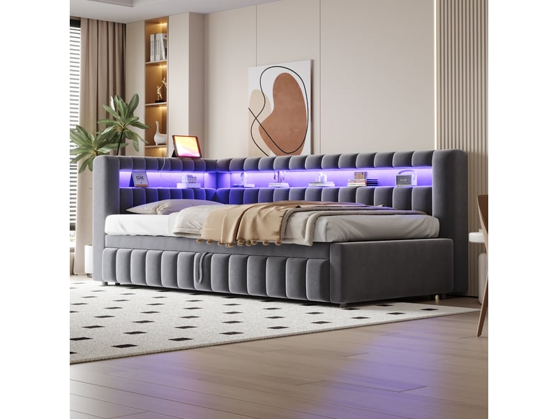  Lit capitonné, lit enfant 90x200 cm, canapé-lit extensible, led, usb, velours gris, réf. 422aae  - Conforama E
