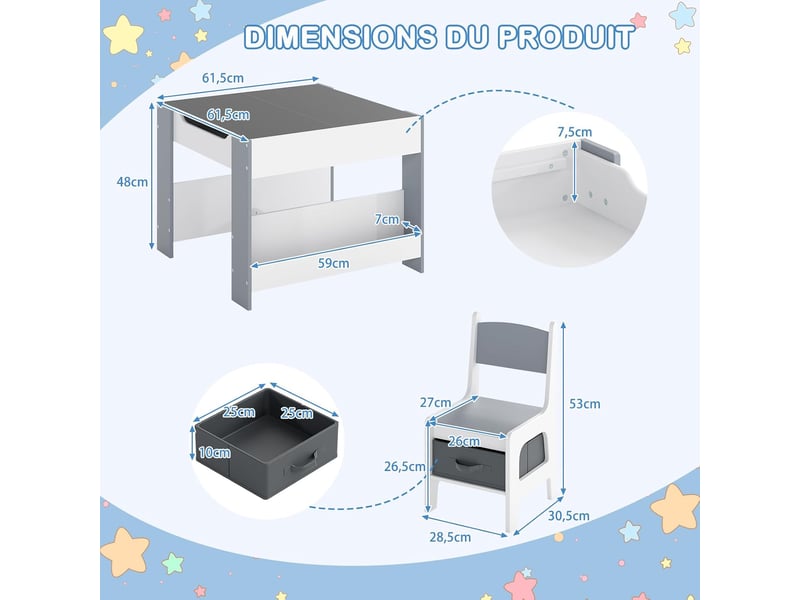 Costway 4 en 1 table enfant avec 2 chaises en tissu et bibliothèques, plateaux réversibles double face (gris)  - Conforama D