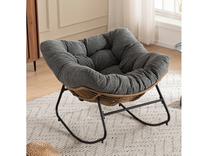Fauteuil à bascule papasan ergonomique pour détente et lecture, structure métallique en chenille gris - Conforama B
