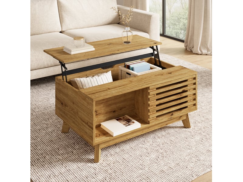  Table basse 90x55x57.5 cm à plateau relevable et porte coulissante en mdf coloris naturel  - Conforama B