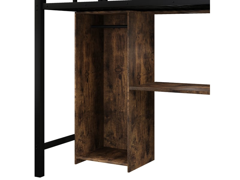  Lit mezzanine métal noir 90x200 cm avec armoire, étagères, escalier et bureau intégré – sans matelas  - Conforama E