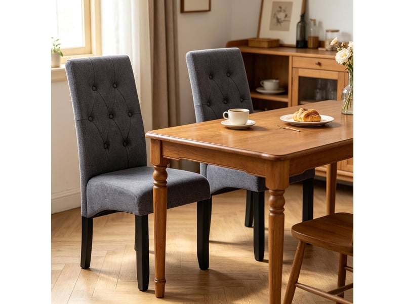  Lot de 2 chaises de salle à manger à dossier haut rembourré, pieds antidérapants en lin et bois gris foncé  - Conforama E