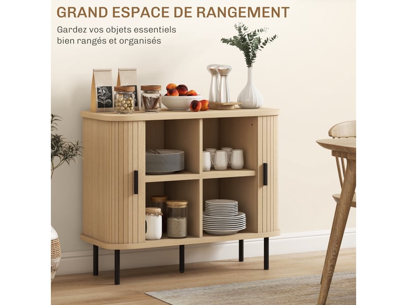  Buffet meuble de rangement avec portes coulissantes à lattes, ton chêne, armoire de cuisine avec pieds en acier  - Conforama R