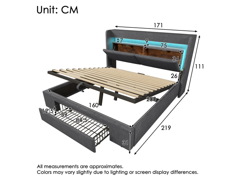 Lit double 160x200 cm avec éclairage led et ports usb et usb-c, lit coffre avec sommier à lattes en bois, gris, avec matelas, lin  - Conforama C
