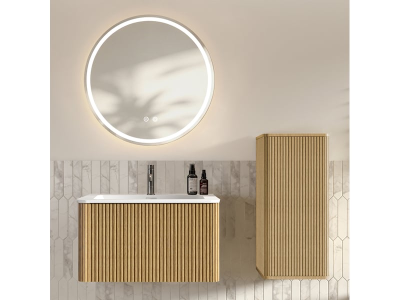Ensemble meuble de salle de bains 80 cm avec lavabo, miroir led et meuble latéral en mdf coloris chêne - Conforama B