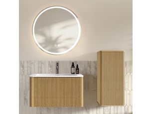 Ensemble meuble de salle de bains 80 cm avec lavabo, miroir led et meuble latéral en mdf coloris chêne