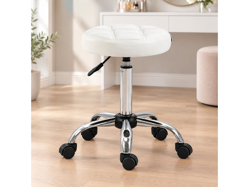  Tabouret roulant 35,5x51-67 cm pivotant réglable, avec roulettes, pour bureau et salon de coiffure, similicuir blanc  - Conforama B