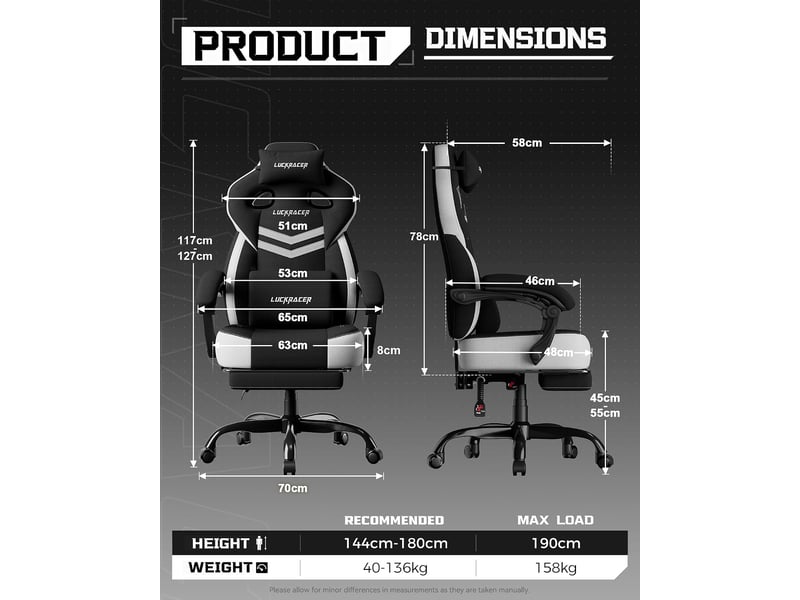 Gtplayer chaise de jeu en tissu avec accoudoirs synchronisés, inclinaison de 90-155° et repose-pieds - noir - double ligne LR408-BK-DL-FA - Conforama B