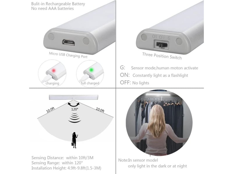  Lampes 10 led sans fil rechargeable usb aimanté, détecteur de mouvement, placard secours veilleuse (argent)  - Conforama B
