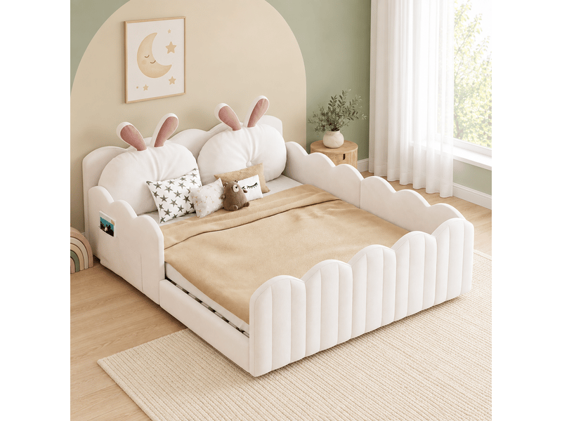  Lit enfant au sol 140x200 cm rembourré en velours beige, barrières de sécurité, coussin en forme de lapin, sommier à lattes  - Conforama D