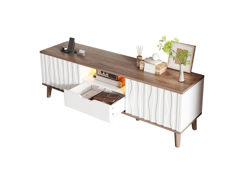  Meuble tv blanc et noyer 160 cm avec led et portes coulissantes, pour tv jusqu'à 70 pouces  - Conforama A