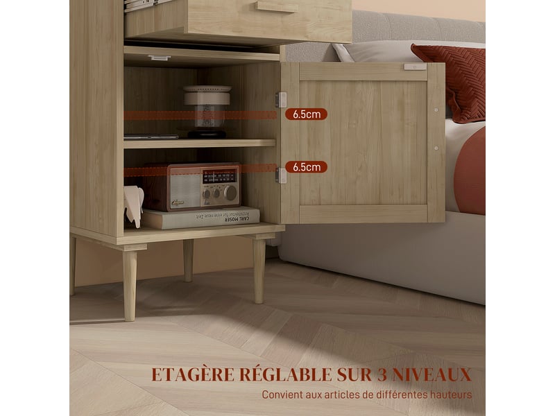  Lot de 2 tables de chevet avec placard et étagère porte rotin tissé 1 tiroir design bohème - naturel 40 x 40 x 68,5 cm  - Conforama R