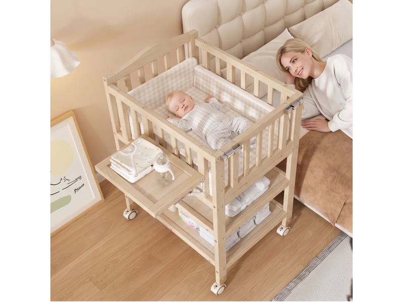  Table à langer 3-en-1 avec lit bébé et rangements, 89 x 58 x 102 cm, pin et mdf, naturel  - Conforama B