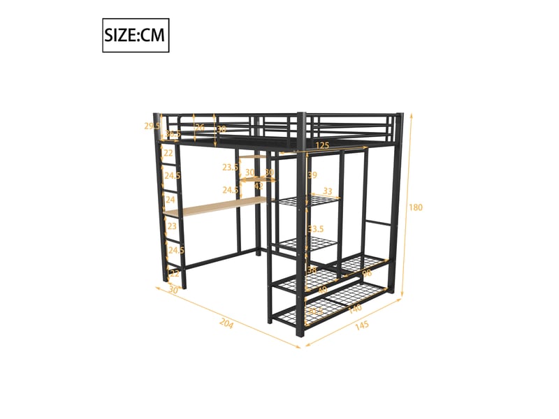 Lit mezzanine enfant 140x200 cm, table, étagère, garde-corps, sommier, métal noir, sans matelas - Conforama C
