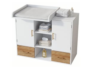 Table à langer avec meuble de rangement 114 x 53 x 92 cm mdf blanc et aspect bois, barrière amovible, 2 tiroirs