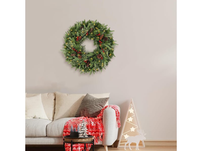  Couronne de noël pré-éclairée 40cm avec pommes de pin – artificielle, pour porte, fenêtre et mur  - Conforama C