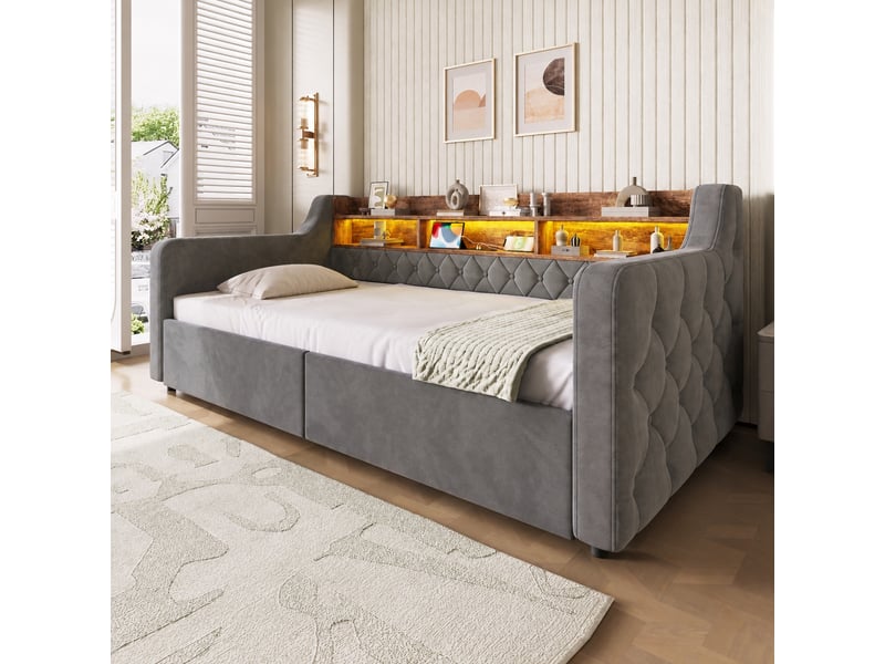 Lit une personne avec 2 tiroirs, velours, led et ports usbusb-c, gris foncé, 90x190 cm - Conforama D
