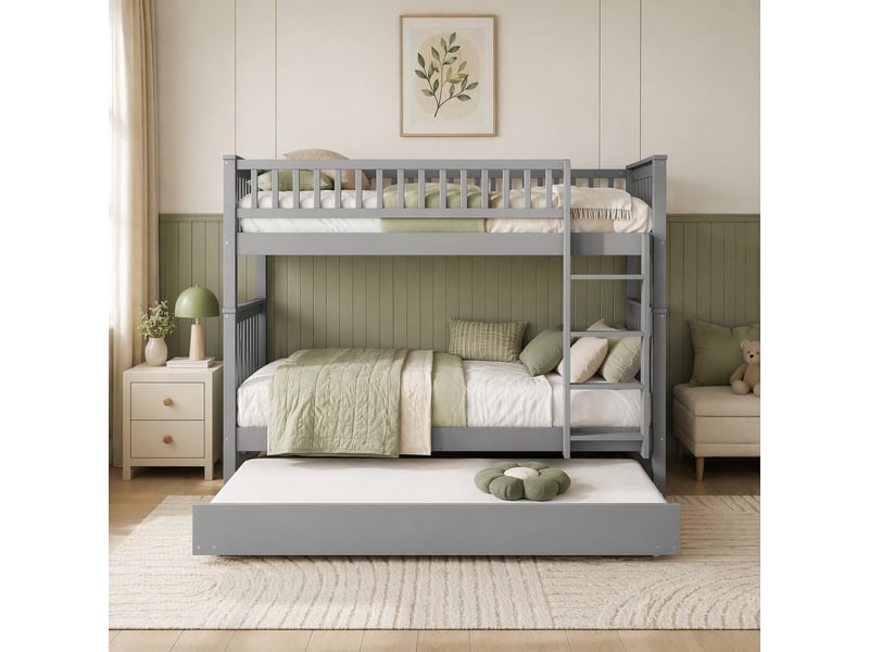  Lit superposé 90×200 cm et 90×190 cm, 3 places avec lit gigogne et escalier, sans matelas, en pin gris  - Conforama B