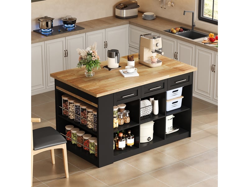  Îlot central avec table escamotable 150 cm, îlot de cuisine noir et bois, meuble de rangement mdf style européen  - Conforama C