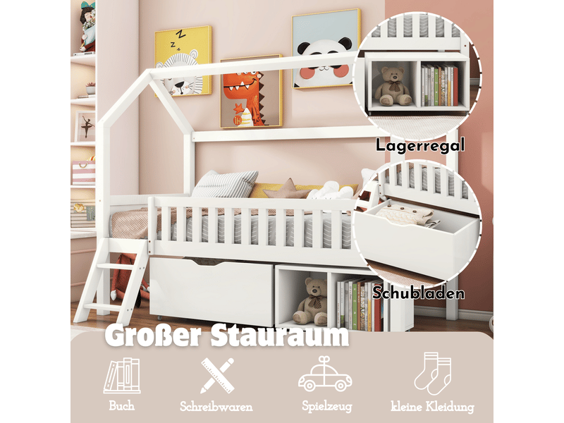  Lit cabane enfant 90x200 cm avec tiroirs et rangements - bois massif blanc barrière de sécurité  - Conforama R