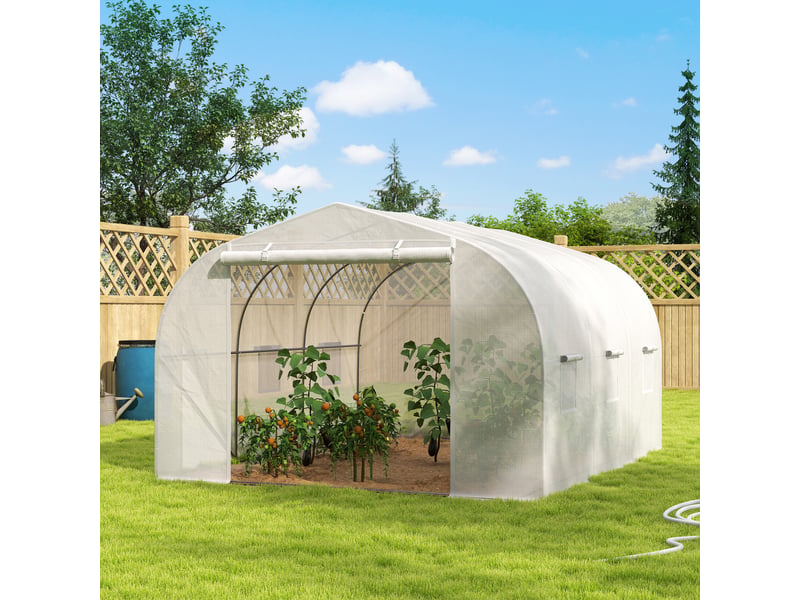  Serre tunnel de jardin avec 6 fenêtres et porte sectionnelle, acier et pe, 3,5 x 3 x 2 m, blanche  - Conforama D