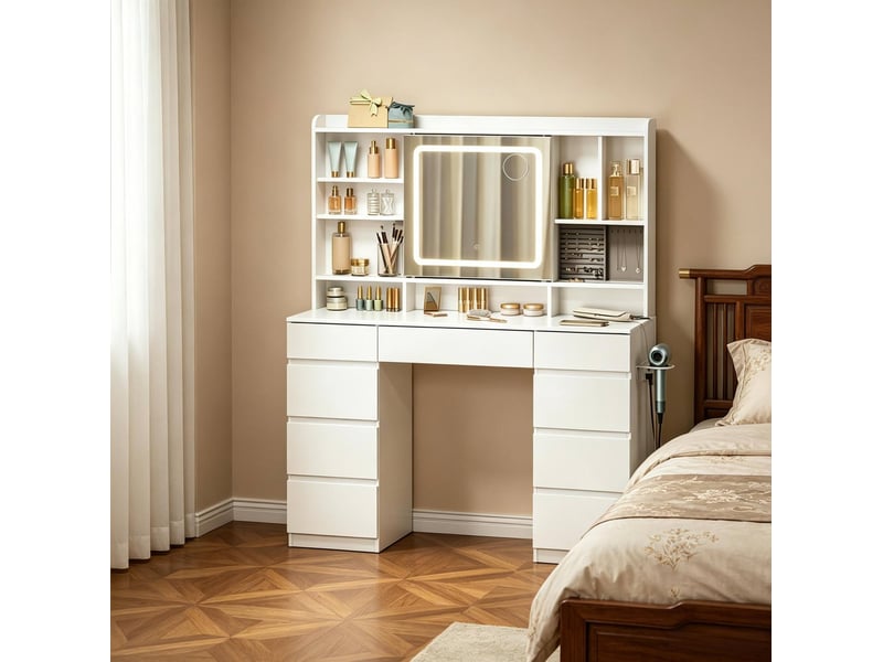  Coiffeuse 110x40x140 cm avec miroir coulissant, led et prises intégrées blanc  - Conforama D